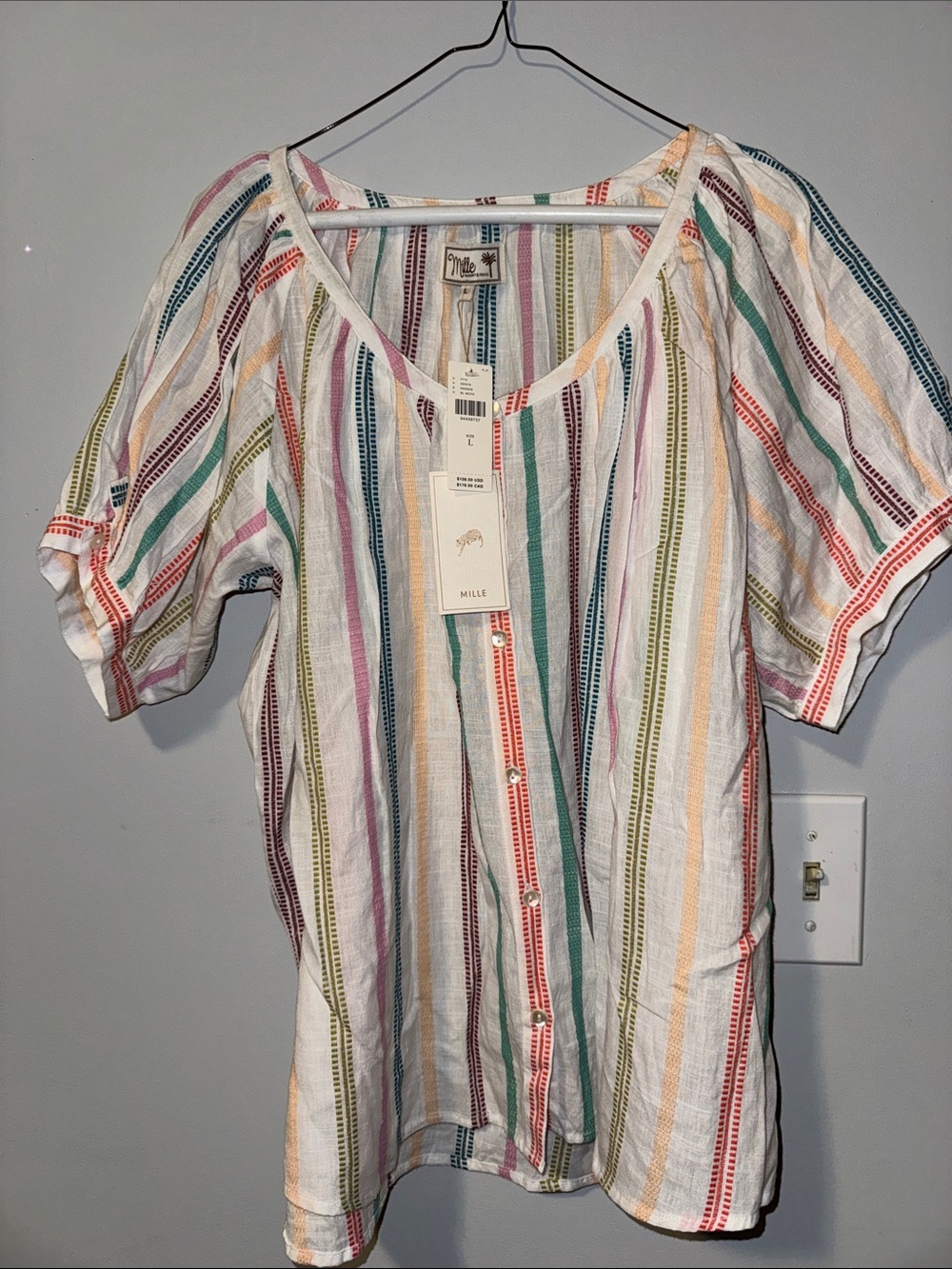 Anthropologie White Multicolor Vertical-Striped Button-Front Top